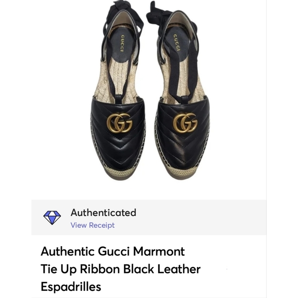 Gucci Espadrilles Flat Marmont Tie Up Ribbon Black Leather Authentic - Picture 2 of 16